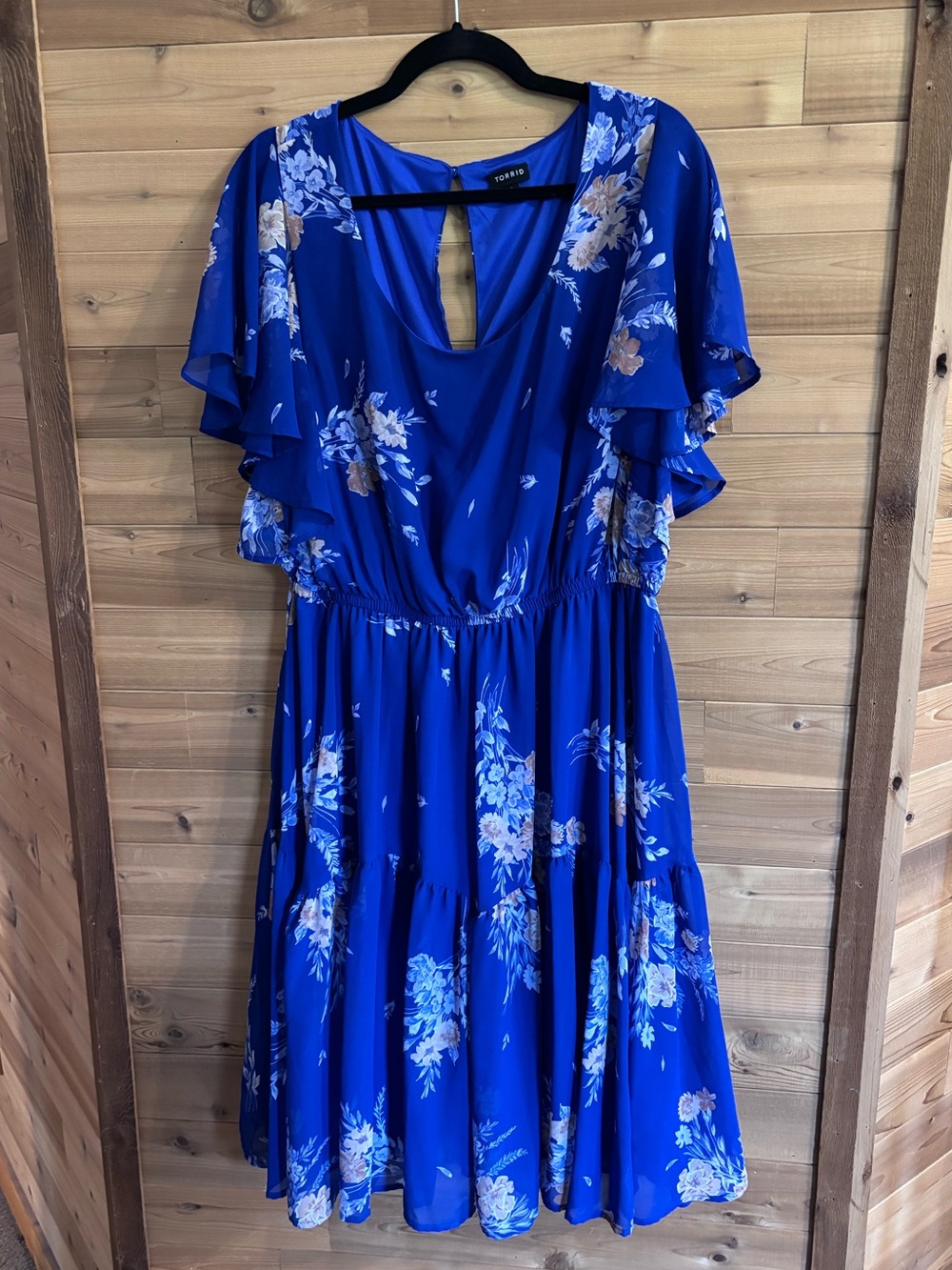 Floral Flutter-Sleeve Midi Dress in Royal Blue